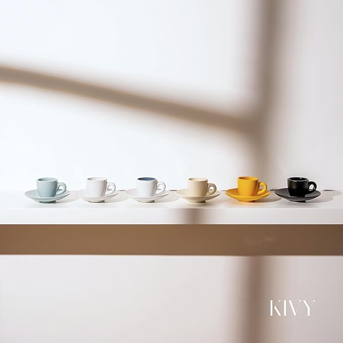 KIVY 3 oz Espresso cups set of 4 - Thick walled stoneware espresso cup set - Italian style espresso cups and saucers - Demitasse cups set of 4 - Coffee mugs - Demitasse cups and saucers sets