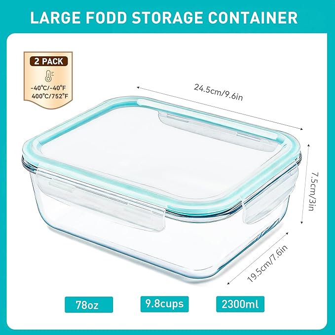 2 Pack 78 Oz / 9.8 Cups Large Glass Food Storage Containers with Lids, Meal Prep Containers for Baking, Serving, Glass Storage Container, BPA Free, Leakproof, Freezer, Microwave/Oven Safe
