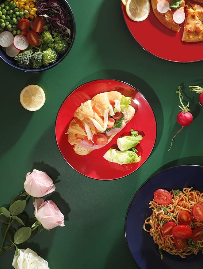 Bestone 16 Piece Round Kitchen Dinnerware Set,Plates and Bowls sets,Dishes, Plates, Bowls, Mugs, Dish Set，Plates and Bowls,Service for 4, Stoneware Dinnerware,Red and Black