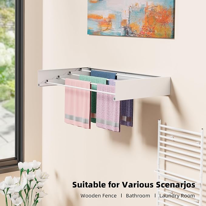 Laundry Drying Rack Collapsible, Wall Mounted Clothes, Retractable Wall Drying Rack, 24" Wide, 4 Aluminum Rods, Max 60 lb Capacity (White, 23.6'')