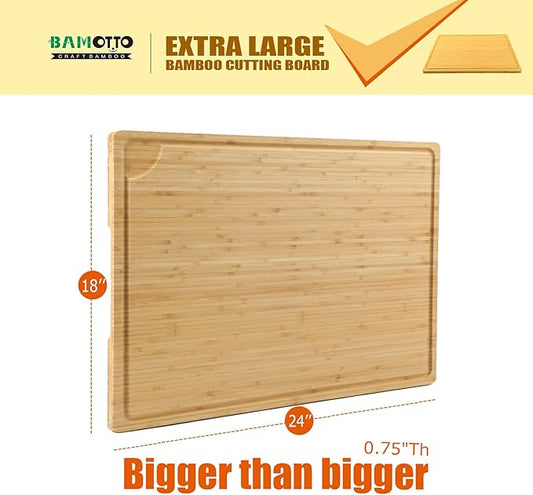 Extra Large 100% Organic Bamboo Cutting Board, 24x18 Inch Butcher Block Chopping/Carving Board with Handle and Juice Groove for Turkey, Meat, Vegetables, BBQ (XXL, 24" x 18"）