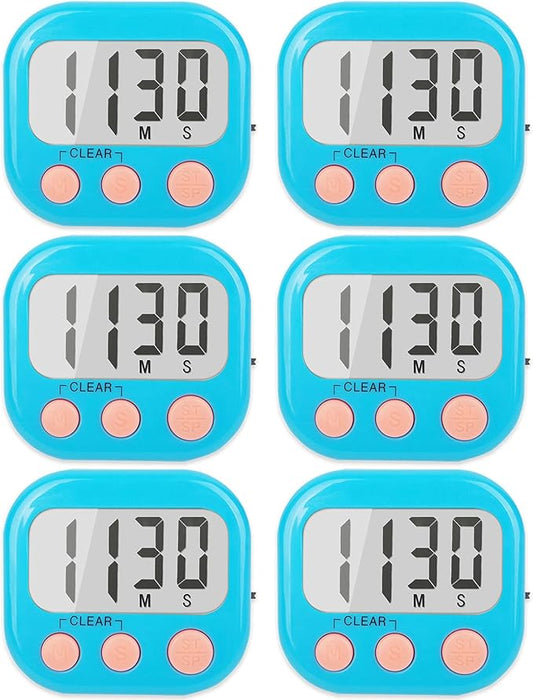 6 Pack Kitchen Timers Loud Ring Digital Timers for Cooking Magnetic Blue