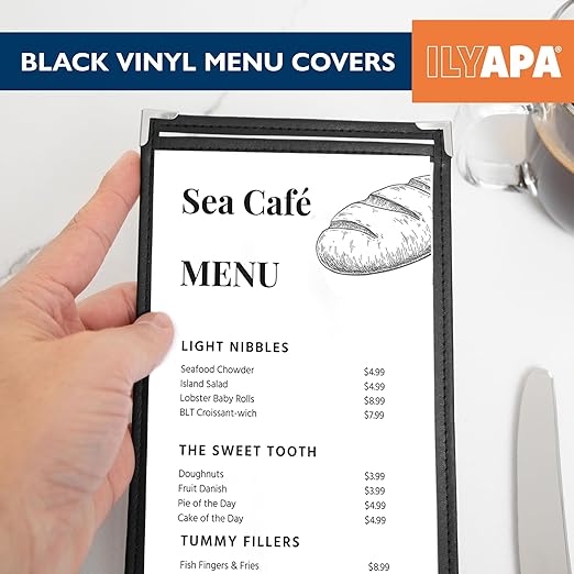 Ilyapa 30 Pack of Menu Covers 4.25 x 11 - Single Page, 2 View, Restaurant Menu Covers, 4.25x11 Clear Plastic Sleeves, Transparent Viewing Surfaces