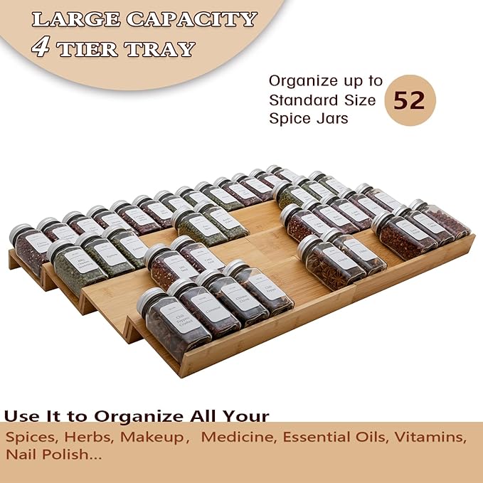 Bamboo Spice Rack Drawer Organizer - 8 Piece Set - 12" Wide, Combine Into 24" Rack (12" or 24")