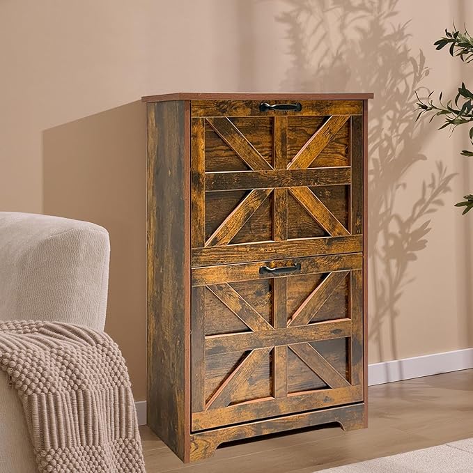 Shoe Storage Cabinet with Bench, Farmhouse Shoe Organizer with Barn Door Design, Space-Saving Hidden Narrow Shoe Rack Cabinet for Entryway, Hallway & Foyer，White