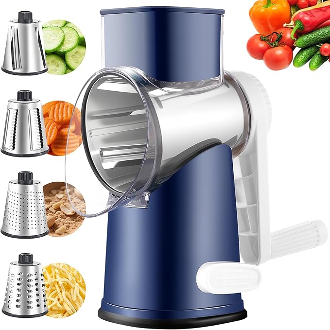 Rotary Cheese Grater with 4 Blades, Hand Crank Cheese Grater with Waffle Slicer, Black and White Cheese Slicer with Suction Base, Easier for Shredding& Grating (Blue, 4 Graters)