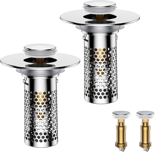 Bathroom Sink Drain Strainer,Pop-Up Sink Stopper Hair Catcher, Anti-Clog Stainless Steel Drain Filter Basket, Removable Sink Drain for Bathroom Sink Stopper Replacement (Silver-2)