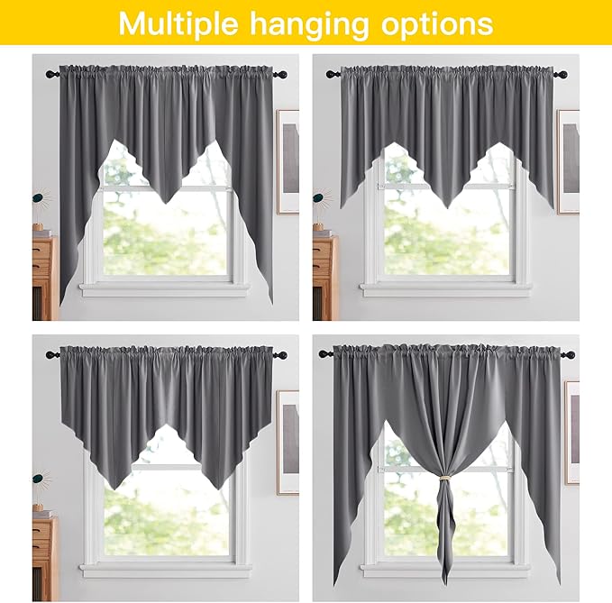 NICETOWN Half Window Kitchen Tier Curtains- Tailored Scalloped Valance/Swags for Basement/Bedroom(One Pair, 36 by 36-inches Each Panel, Grey)