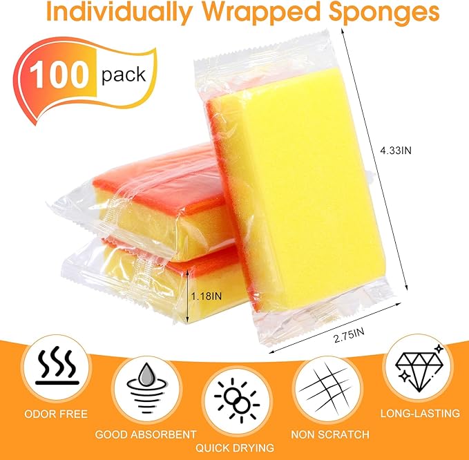 Tioncy 100 Pcs Individually Wrapped Sponges Kitchen Bulk Orange Dish Non Scratch Scrub Sponges Dual Sided Cleaning Dish Scrubber for Washing Dishes, Pots, Pans, Sinks, Stoves, Appliances, Car, Bike