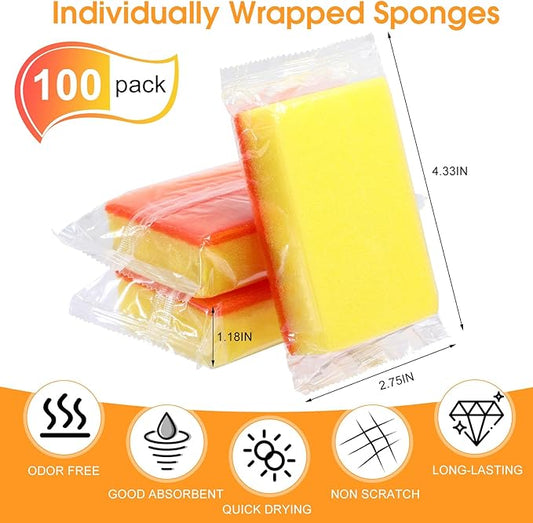 Tioncy 100 Pcs Individually Wrapped Sponges Kitchen Bulk Orange Dish Non Scratch Scrub Sponges Dual Sided Cleaning Dish Scrubber for Washing Dishes, Pots, Pans, Sinks, Stoves, Appliances, Car, Bike