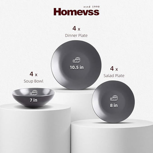 Stoneware Two-Tone Colors Life 12pc Dinner Set，Outside Shiny Black + Inside Matte Glaze Warm Grey