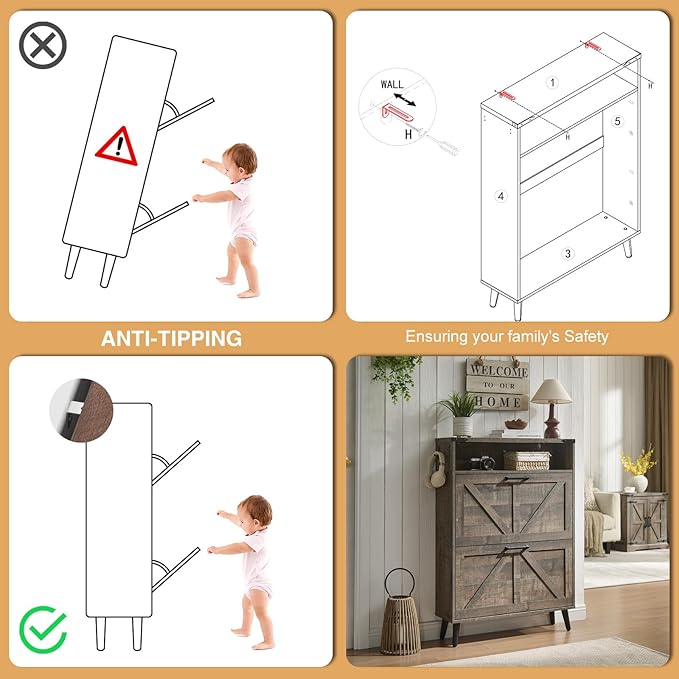 Shoe Storage Cabinet,Farmhouse Shoes Organizer with 2 Flip Drawers & Barn Door Design,Freestanding Hidden Slim Narrow Shoe Rack Cabinet with Open Shelves for Entryway,Hallway,Rustic Brown