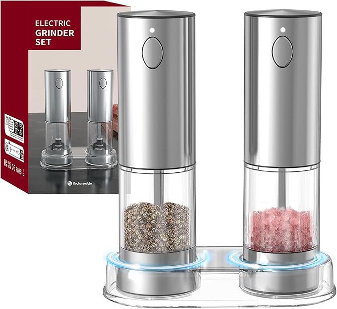 RECHARGEABLE - Electric Pepper and Salt Grinder Set, Adjustable Coarseness, With LED Light, One Hand Automatic Operation (A/Silver)