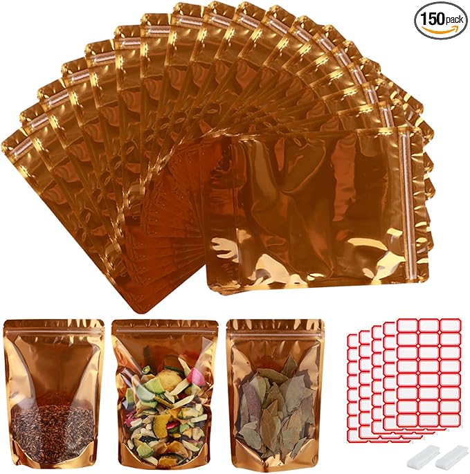 150-pack 7” x 10” 1 Quart Stand Up Mylar Bags with Clear Window Resealable Foil Pouches for Food Storage Smell Proof Edible Packaging Zip Bag for Jewelry and Small Business Bulk, Golden