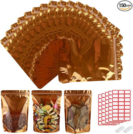 150-pack 7” x 10” 1 Quart Stand Up Mylar Bags with Clear Window Resealable Foil Pouches for Food Storage Smell Proof Edible Packaging Zip Bag for Jewelry and Small Business Bulk, Golden
