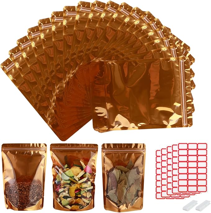 150-pack 5.9” x 8.7” Stand Up Mylar Bags with Clear Window Resealable Foil Pouches for Food Storage Smell Proof Edible Packaging Bag for Jewelry and Small Business Bulk, Golden