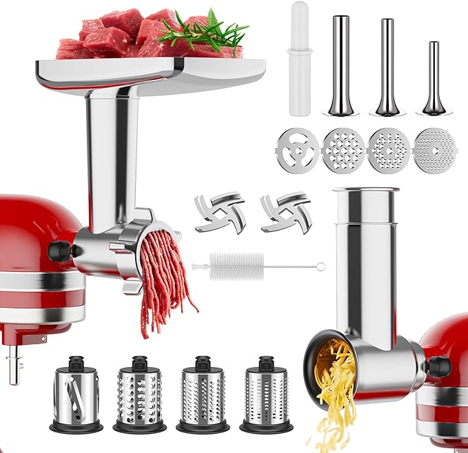 Meat Grinder & Cheese Grater Attachment for KitchenAid Stand Mixer, Meat Grinder with Sausage Stuffer Tubes, Slicer Shredder Attachments, Food Grinder for KitchenAid Mixer Attachments