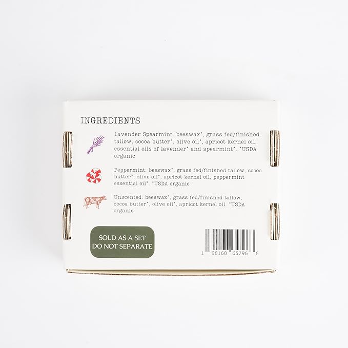 Hearth and Homestead: Handmade Tallow Lip Balm Collection: Unscented/Peppermint/Lavender-Spearmint (3x .33 oz)