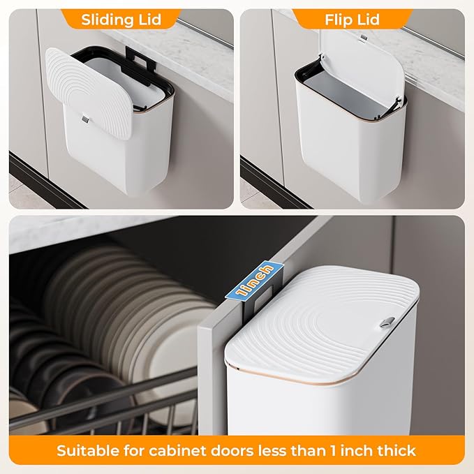 2.4 Gallon Hanging Trash Can - Small Under Sink Trash Can with Lid, Wall Mounted Compost Bin for Kitchen Cupboard Countertop, Odor-Control, Extended Clamping Ring, PET Material, White