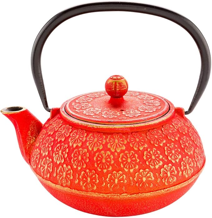 Restaurantware-30 Ounce Japanese Teapot, 1 Enamel Coated Japanese Tea Kettle - Cherry Blossom Design, Includes Mesh Strainer, Red Cast Iron Primitive Kettle, For Teabags And Loose Leaf Tea