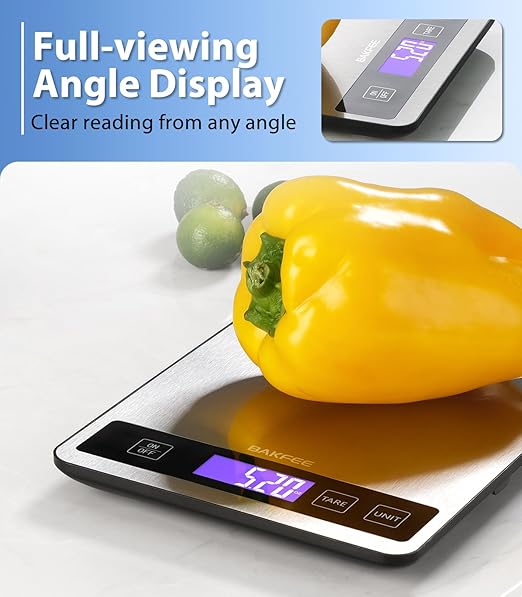 Food Scale - 15kg/33lb Rechargeable Digital Kitchen Scale with Full-View LCD Display, Grams and Ounces, Type-C or Batteries (Not Inc.), Easy Clean Stainless Steel, for Baking, Cooking, Grey