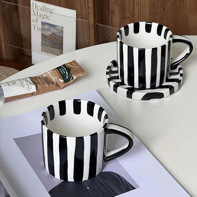 8Oz Stylish Handmade Vertical Striped Coffee Mug Espresso Cups With Saucer, Hand painted Esthetical Ceramic Cappuccino Mugs, Glazed Tea/Coffee Cup, Microwave safe Latte art mug (Black)