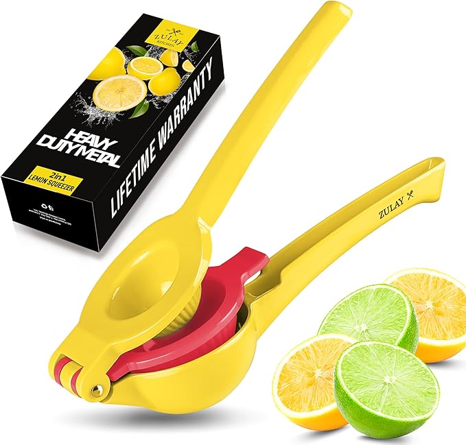 Zulay Kitchen Metal 2-in-1 Lemon Squeezer - Sturdy Max Extraction Hand Juicer Lemon Squeezer Gets Every Last Drop - Easy to Clean Manual Citrus Juicer - Easy-Use Lemon Juicer Squeezer - Yellow/Red