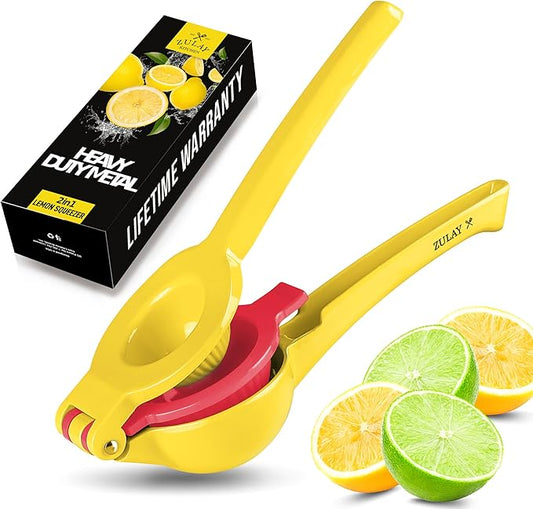 Zulay Kitchen Metal 2-in-1 Lemon Squeezer - Sturdy Max Extraction Hand Juicer Lemon Squeezer Gets Every Last Drop - Easy to Clean Manual Citrus Juicer - Easy-Use Lemon Juicer Squeezer - Yellow/Red