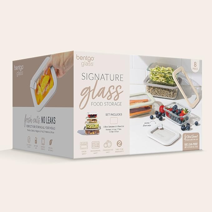 Bentgo Signature Leak-Proof Glass Food Storage - 8-Piece Set, 1-Compartment Plastic-Free Containers with Airtight Glass Lids, BPA-Free, Microwave, Freezer, Oven & Dishwasher Safe (White Stone)