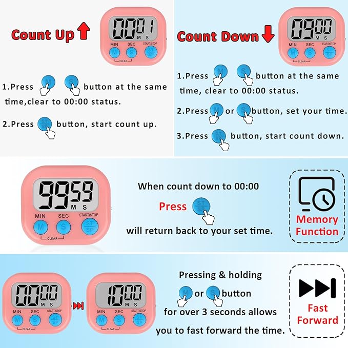ZILLEEN Classroom Timer for Kids Teachers Digital Timers, Blue Pink 6 Pack