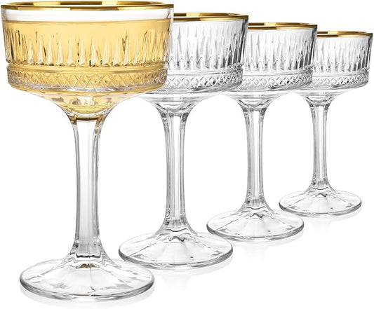 4Pcs Coupe Glasses, 10oz Crystal Martini Glasses with Gold Rim, Vintage Coupe Cocktail Glass, Martini Glassware for Espresso, Champagne, Cosmopolitan, Manhattan