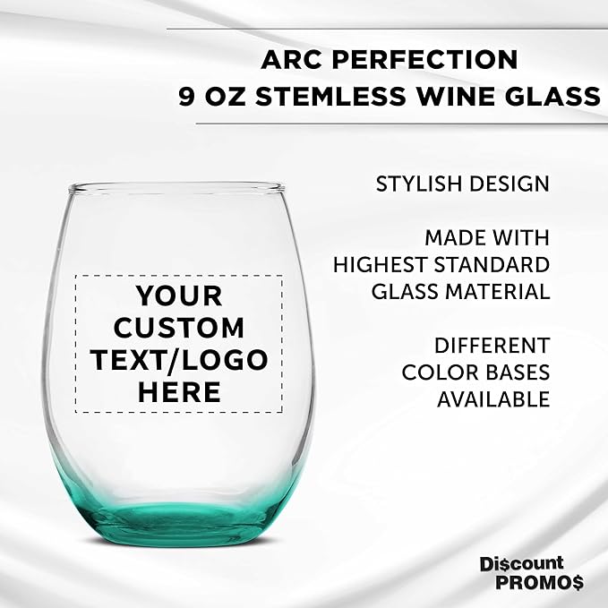 DISCOUNT PROMOS Custom Stemless Wine Glass 9 oz. Set of 10/50/100, Personalized Bulk Pack - Great for Wedding Favors, Bachelorette Party Decorations, Party Favors - Green