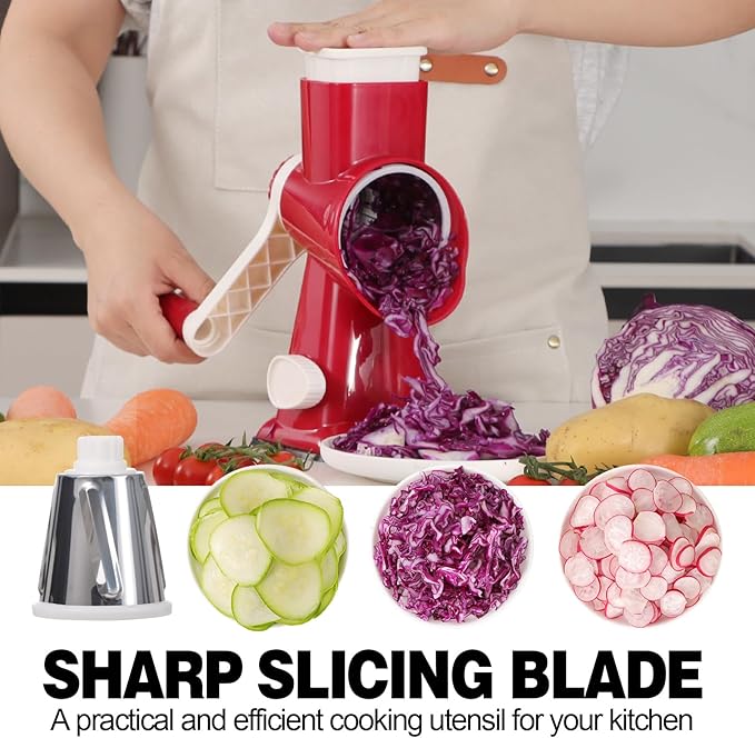 Cheese Grater Cheese Shredder with 3 Interchangeable Blades, Rotary Cheese Grater Manual Vegetable Slicer with Non-slip Suction Base Peanut Nuts Grinder Vegetable Shredder Red
