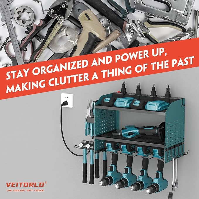 Veitorld Power Tool Organizer with Charging Station, Heavy Duty Modular Wall Mount Rack for Garage - 4 Drill Holders, Tool Storage Organizer, Christmas Birthday Gifts for Men Him Dad Husband