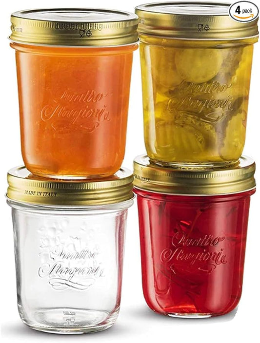 Bormioli Rocco Quattro Stagioni set of 4 Clear Airtight Mason Jars, 10.75 Oz. Made from Durable Glass, Made In Italy