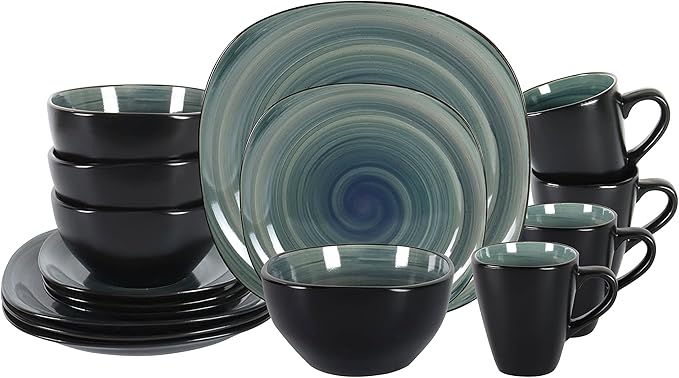 Stoneware Square 16pc Dinnerware Set, Inside Spinwaseh Swirl Blue + Outside Black