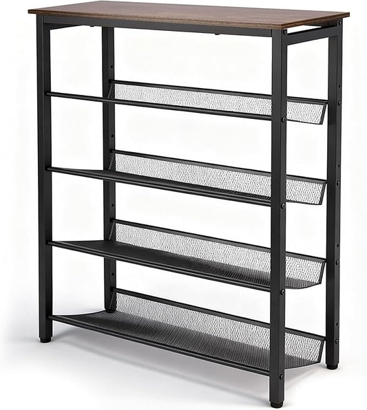 5-Tier Shoe Rack, Shoe Storage Shelf with 4 Metal Mesh Shelves, Shoe Rack Organizer for 15-20 Pairs, Durable and Stable, for Closet and Entryway, Brown and Black