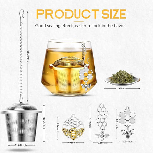 3 Sets Tea Infusers Steeper for Loose Leaf Tea Holder Stainless Steel Tea Ball Mesh Strainer Filters with Drip Trays and Pendant(Bee Style)