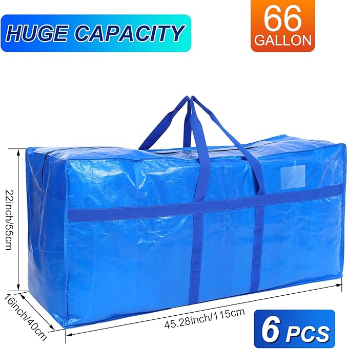 6 Pcs 66 Gallon Large Moving Bags with Zipper and Handles Foldable Storage Duffle Bags Heavy Duty Extra Large Totes for College Dorm Travel Clothes Blankets Bedding Moving (Blue)