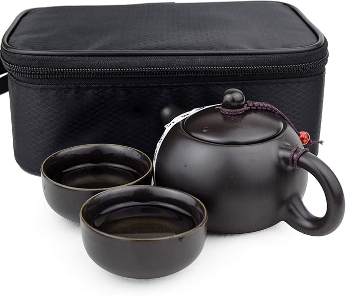 Teapot Chinese Ceramic White Cyan Black Portable Travel Packaging Xishi Pot Cups set (Black 1pot 2cups set)