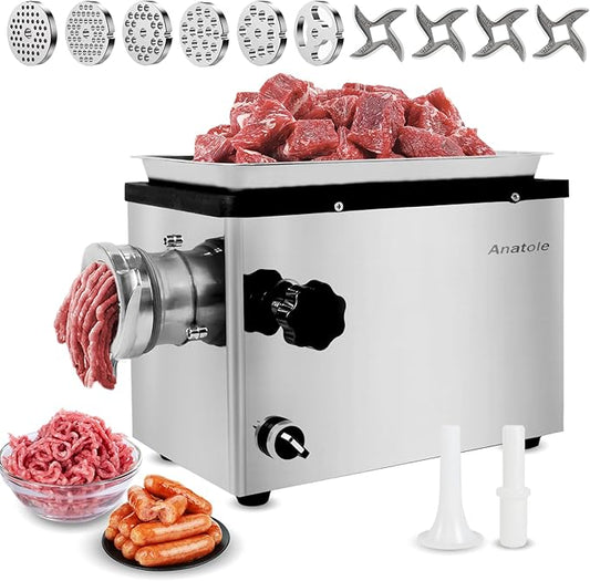 Anatole Commercial Electric Meat Grinder 1.8 HP 1300 W All Stainless Steel Meat Bones Mincer Heavy Duty Sausage Stuffer with 6 Grinding Plates 4 Blades for Restaurant Hotel 110V