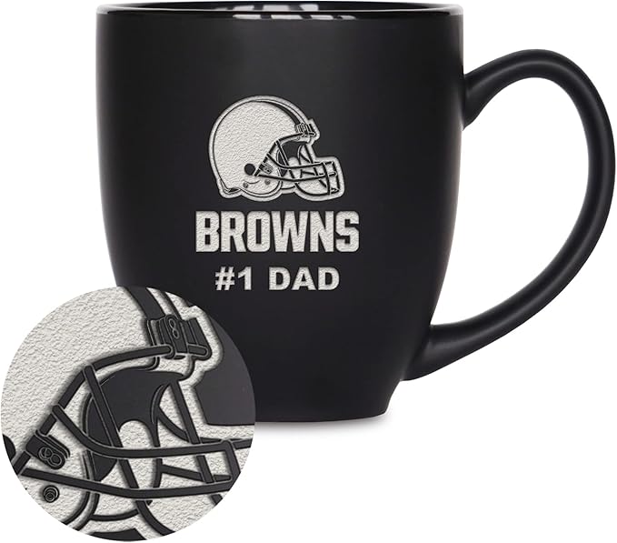 Rico Industries NFL Football #1 Dad 15oz Laser Engraved Matte Black Ceramic Bistro Mug - for Hot or Cold Drinks