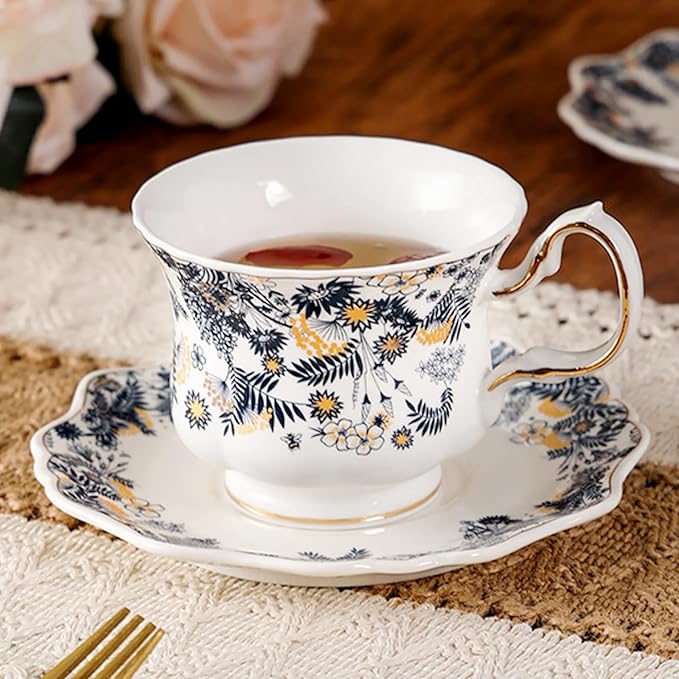 Elegant Retro Ceramic Tea Cups and Saucers Ceramic Coffee Mugs Tea Party Sets 8.45oz/260ml Colorful Flowers