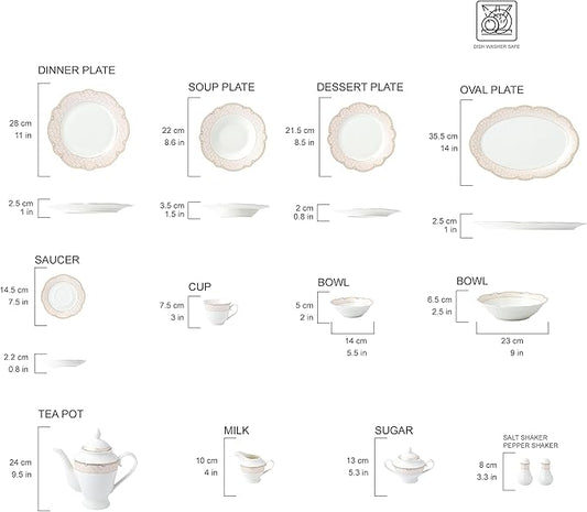 Joseph Sedgh Collection "Sandra" 57-Piece Bone China Dinnerware Set, Service for 8, Blush Pink and Gold