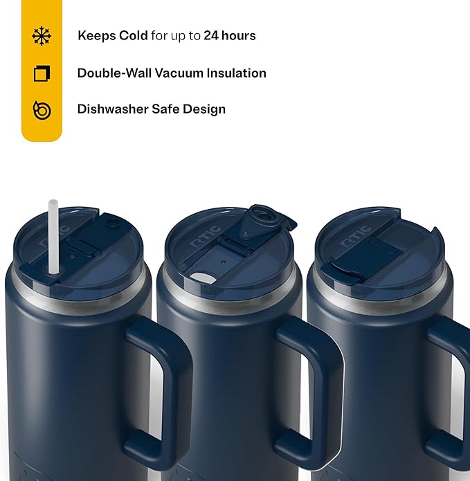 RTIC 64 oz Ceramic Lined Insulated Road Trip Tumbler, Leak-Resistant Lid, Navy