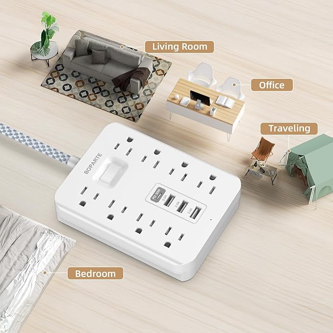 Surge Protector Power Strip, 10 Ft Extension Cord with PD 30W USB C Port, 8 AC Outlets and 3 USB A Ports for Home, Office, Dorm Essentials, 1700 Joules, White