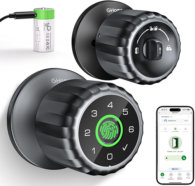 GHome Smart Fingerprint Door Lock, 4-in-1 Fingerprint Door Knob with Keypad, App Control, Keys, Removable & Rechargeable Battery, Door Locks for Bedroom, Home, Garage, Storage Room