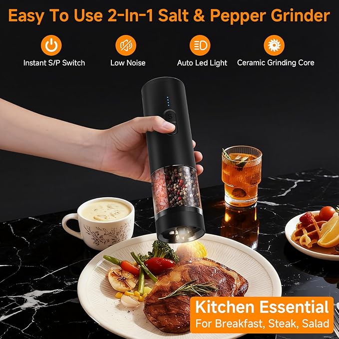 Electric Salt and Pepper Grinder Shakers 2 IN 1-Rechargeable Automatic Pepper Mill,with LED Lighting,Adjustable Grinder,Large Capacity-Ideal for Kitchen (Black)