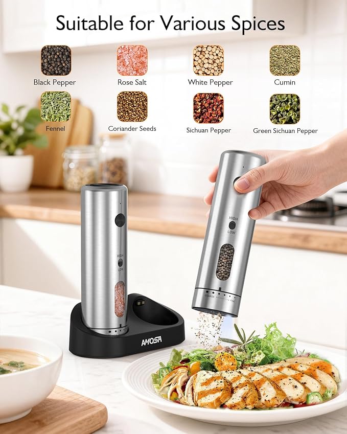 Electric Salt and Pepper Grinder Set, Upgraded 2-Speed Setting, External 6 Adjustable Coarseness, USB C Dual Rechargeable Base, All Stainless Steel Automatic Salt & Pepper Mill Shakers with LED Light