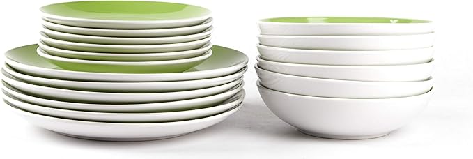 Stoneware Coupe Shape Dinnerware Set, Outside White + Inside Bamboo Color